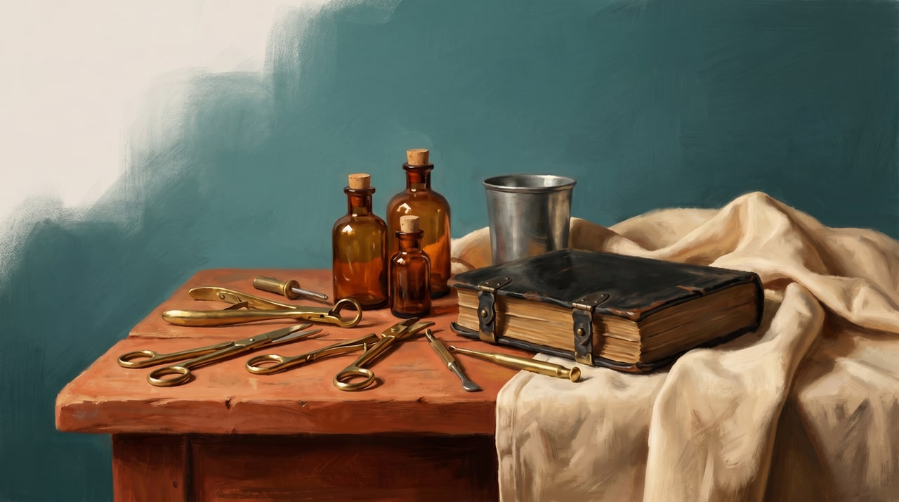 Painterly still life with apothecary jars — evokes the craft of pricing veterinary services